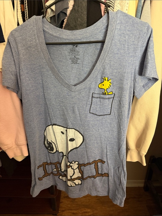 Peanuts Tops - Peanuts Blue V-Neck Tee with Snoopy & Woodstock Pocket Art
